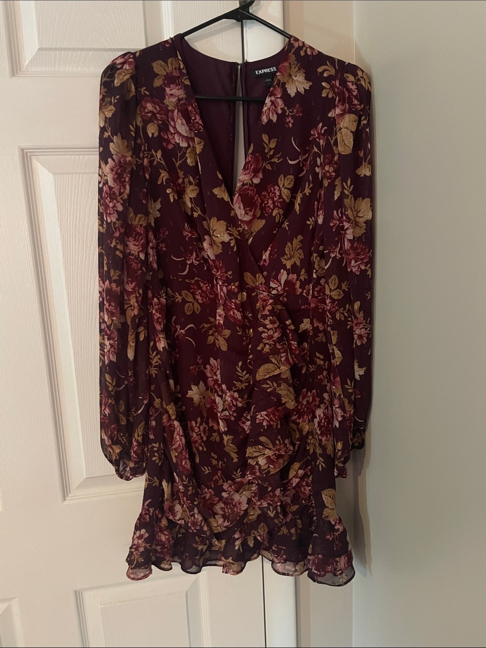 Express Burgundy Floral Wrap Mini Dress with Pink & Gold Blooms